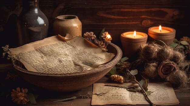 Una mesa con velas y un libro encima.