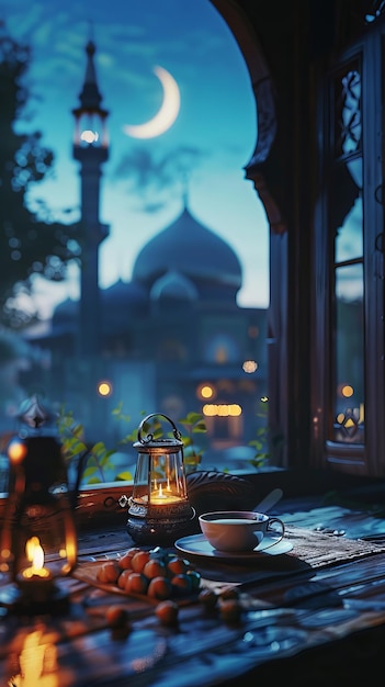 Una mesa con velas y una linterna frente a una ventana