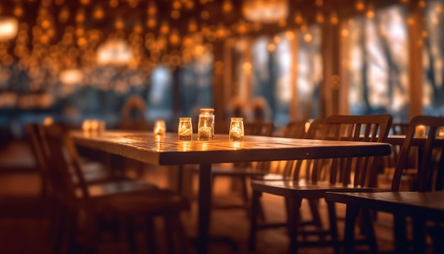 Una mesa con velas y luces en un restaurante