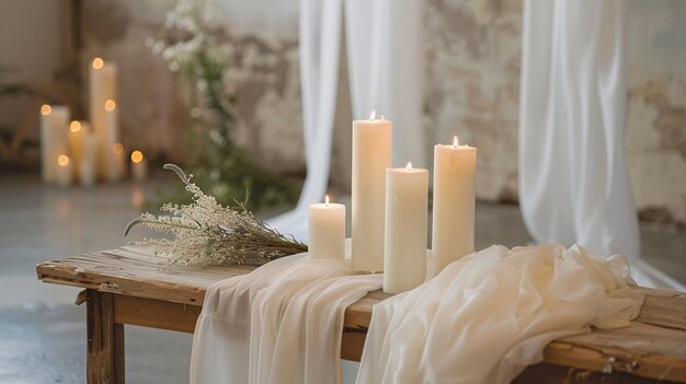 Una mesa con velas y un paño blanco