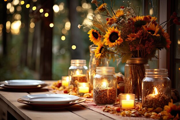 una mesa con velas, placas y flores en frascos de albañil en la parte superior de las tablas de madera rodeadas de luces