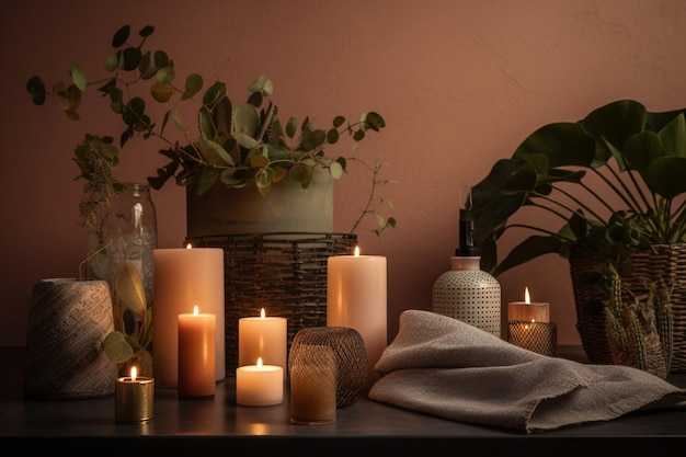 Una mesa con velas y una planta encima.