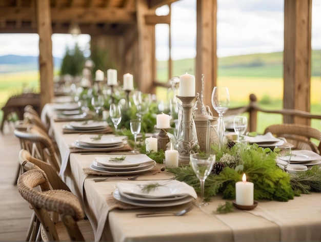 una mesa con velas, platos y vasos con vistas a un campo