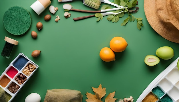 una mesa verde con naranjas y algunas frutas en ella