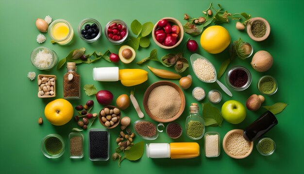 Foto una mesa verde con varios alimentos, incluidas frutas, verduras y especias