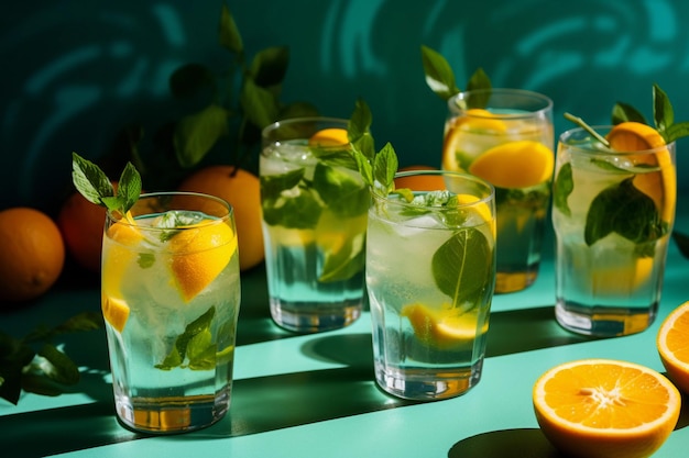 Una mesa verde con vasos de naranjas y limones.