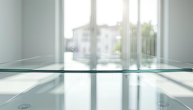 Foto mesa de vidrio en el fondo de una ventana de vidrio transparente