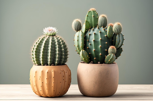 Una mesa vintage blanca con dos cactus en jarrones de arcilla está en primer plano