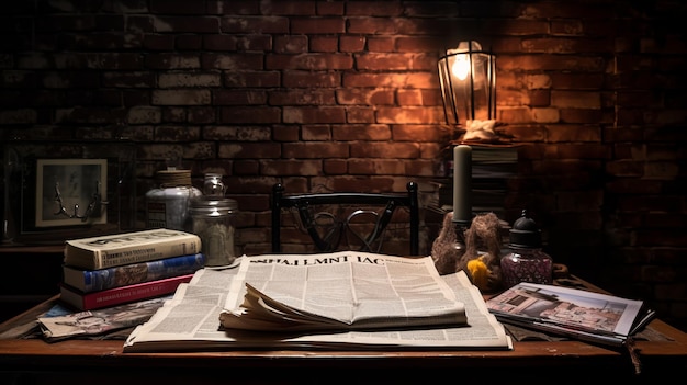 Mesa vintage com livros, lâmpada, vela e frascos.