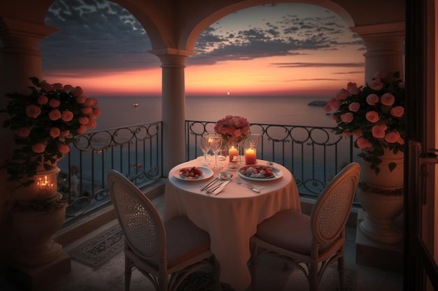 una mesa con vista al mar y una puesta de sol.