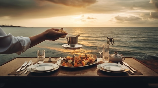 Una mesa con vista al océano y al mar.