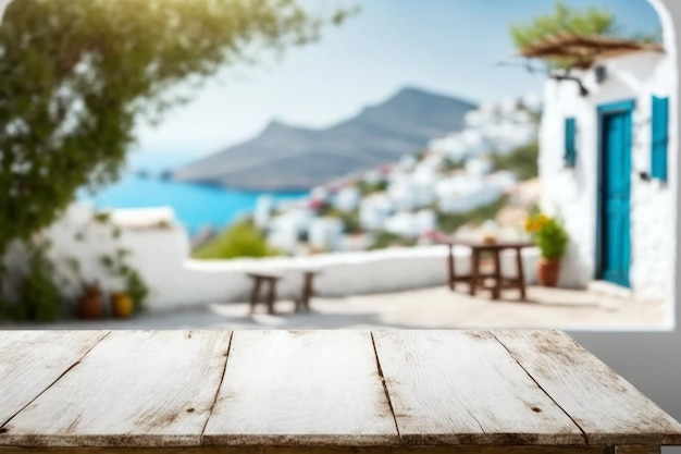 Una mesa con vista a una casa y al mar de fondo