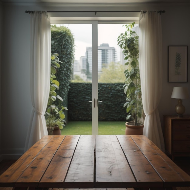 Foto una mesa con vista a un jardín y una vista a la ciudad a través de una ventana.