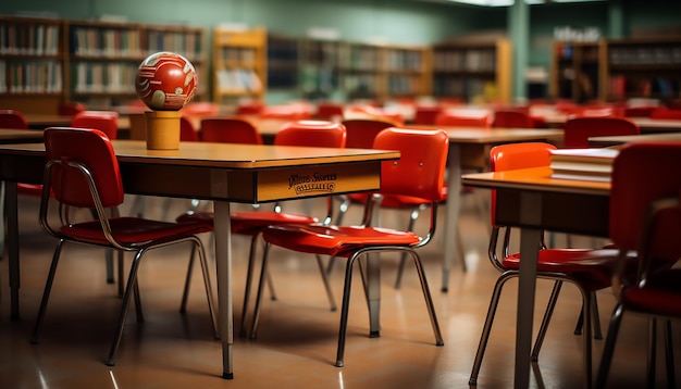 Mesas alaranjadas vazias com cadeiras na sala de aula Vista frontal de fundo De volta à escola