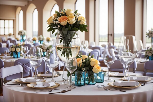 Mesas bellamente decoradas con vasos y electrodomésticos para una boda u otro evento