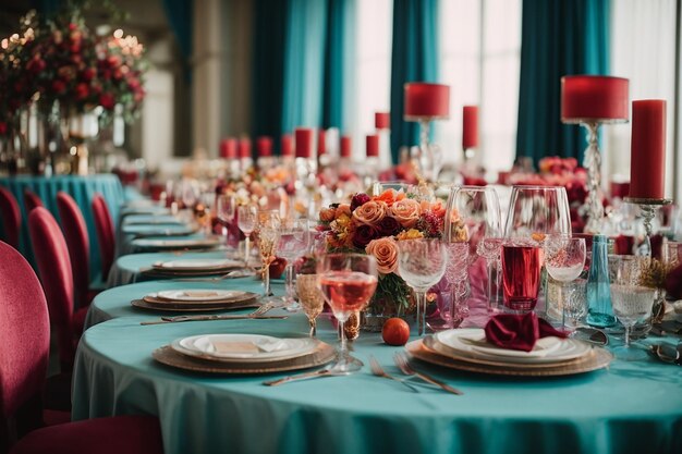 Mesas bellamente decoradas con vasos y electrodomésticos para una boda u otro evento