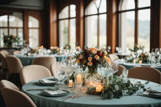 Mesas bellamente decoradas con vasos y electrodomésticos para una boda u otro evento