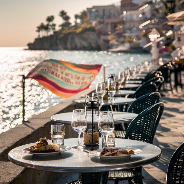 mesas de café en el mar terraplén mediterráneo foco selectivo pancarta