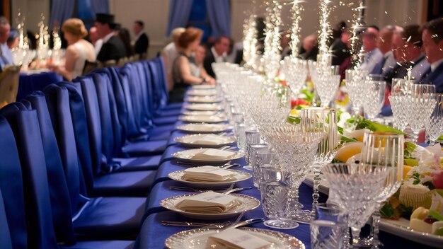 Foto mesas de jantar ricas cobertas de roupas azuis e vidro cintilante