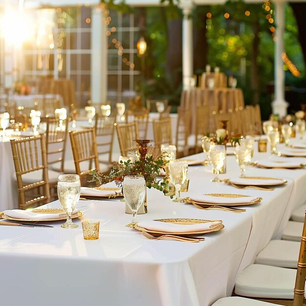 Foto mesas dispostas para uma recepção de casamento com carregadores de ouro e lençóis brancos