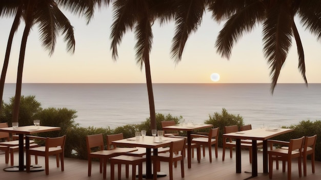 Mesas e cadeiras de madeira em um café com o fundo do mar