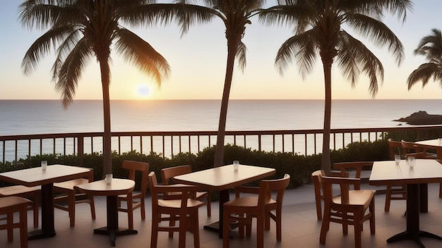 Mesas e cadeiras de madeira em um café com o fundo do mar