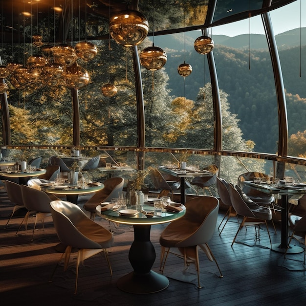 Foto mesas e cadeiras num restaurante com vista para as montanhas