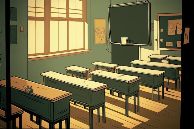 Foto mesas escolares em uma sala de aula vazia