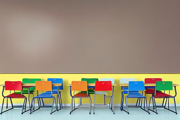Mesas escolares modernas perto da parede de madeira Generative Ai
