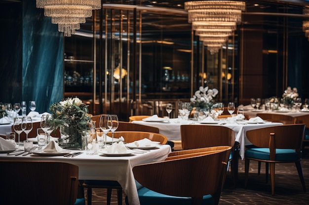 Foto las mesas están listas en un gran restaurante de lujo con elegancia moderna