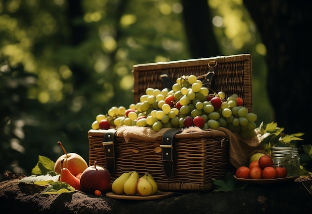 mesas de picnic y canasta de picnic con alimentos bebidas y paja