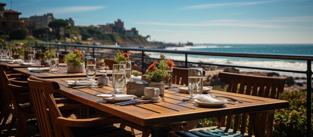 Mesas en un restaurante con comida y bebidas en el paseo marítimo