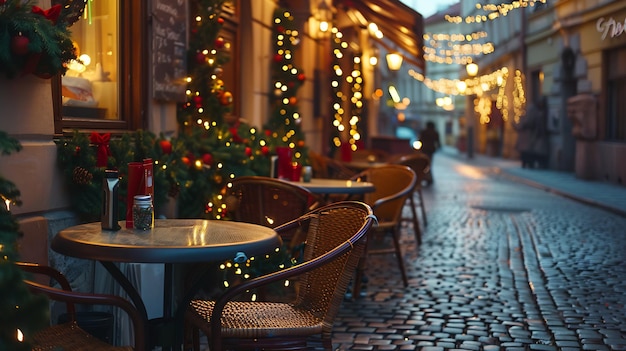 Mesas y sillas de café afuera en una antigua calle acogedora en Praga vacaciones de Navidad una IA generativa