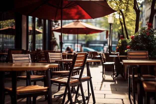 Mesas y sillas de cafetería o restaurante al aire libre