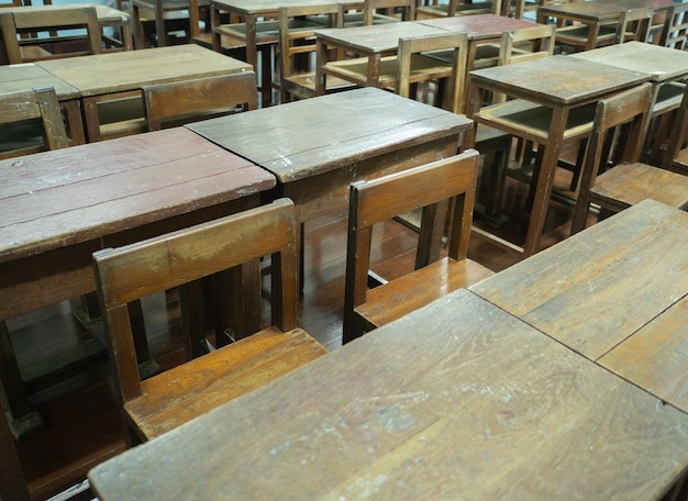 Foto mesas y sillas de madera en un antiguo aula de escuela primaria rural.