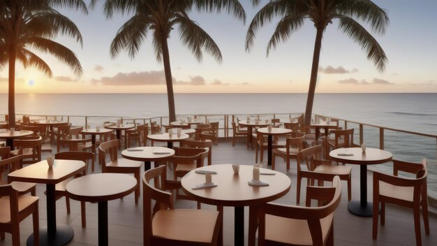 Mesas y sillas de madera en un café con el fondo del mar