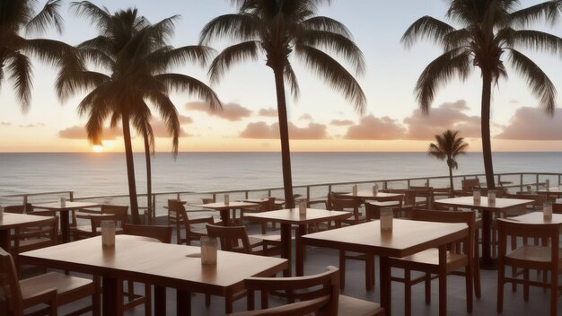 Mesas y sillas de madera en un café con el fondo del mar