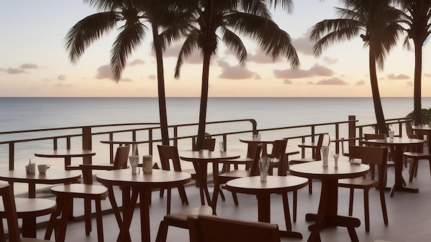 Mesas y sillas de madera en un café con el fondo del mar