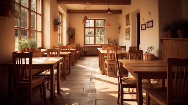 Mesas y sillas en un restaurante con una ventana y un ai generativo de plantas en maceta