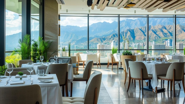 mesas y sillas en un restaurante con vistas a las montañas