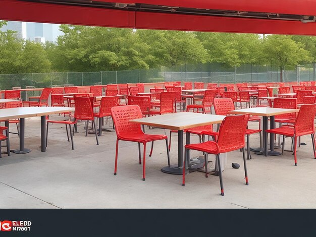 Mesas y sillas vacías en el patio de comidas cerrado y selladas por la cubierta de vuelo roja