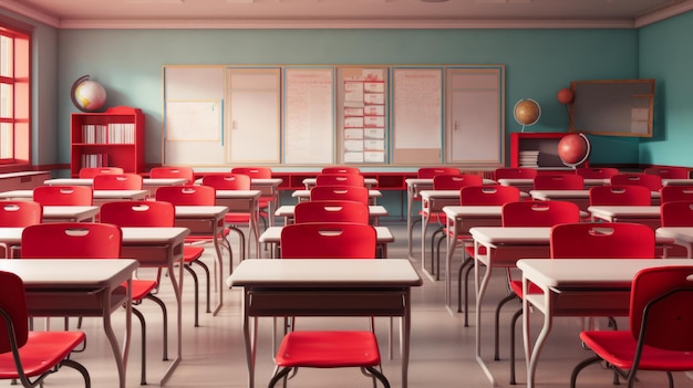 Mesas vermelhas com cadeiras na sala de aula vista frontal de fundo de volta à escola