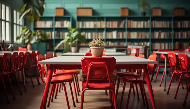 Mesas vermelhas com cadeiras na sala de aula Vista frontal de fundo De volta à escola