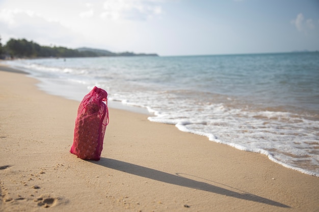 Mesh-Einkaufstasche mit Früchten steht an einem sonnigen Tag am Sandstrand des Meeres. Ökologie des Ozeans Konzept