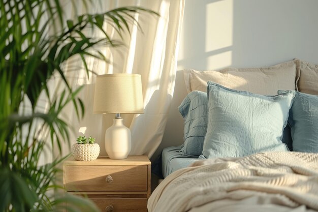 Foto mesinha de noite interior do quarto com lâmpada e planta doméstica perto da cama