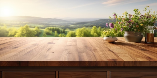 Mesita de madera con vista al jardín en la cocina