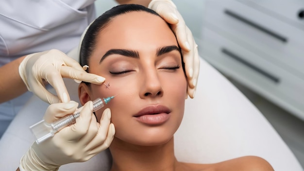 Mesoterapia con aguja en clínicas de belleza Cosméticos inyectados en el rostro de la mujer