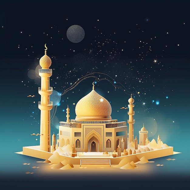 Mesquita 3D Render View em fundo limpo para cartão postal islâmico eid adha ou Fitr