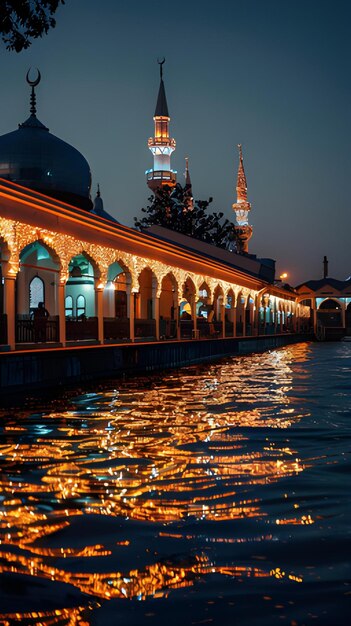 Mesquita à luz da lua refletida na água Fundo islâmico