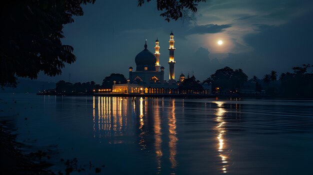 Foto mesquita à luz da lua refletida na água fundo islâmico